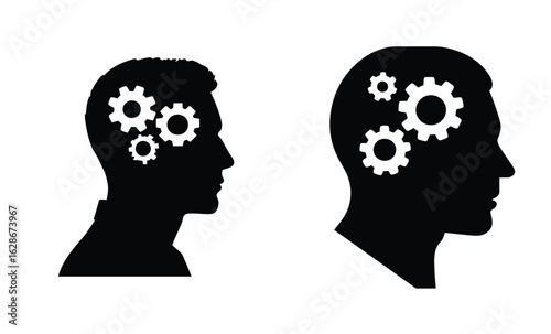 Vector illustration of silhouette of two male heads with gears inside, symbolizing thinking, ideas, and cognitive processes, isolated on white background