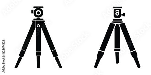 Vector illustration of two black silhouette tripod icons isolated on white background, representing camera support equipment for photography and videography