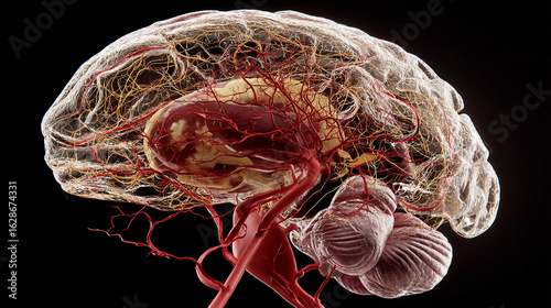 Anatomical rendering of a human brain showing blood vessels and neural pathways on a black background