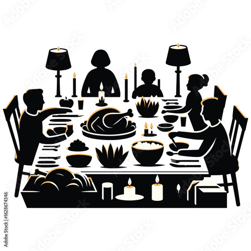 Turkey, Side Dishes, Candles, Family Dining Vector Design