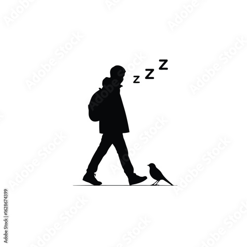 Vector illustration of silhouette of a person walking with a backpack, accompanied by a bird, with zzz indicating sleep or tiredness, isolated on a white background
