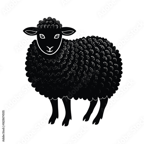 Vector illustration of a stylized illustration of a black sheep standing, isolated on a white background, showcasing its fluffy wool and simple farm animal features