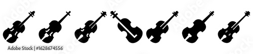 Set of seven violin icons, isolated stringed musical instrument silhouettes, collection of classical music