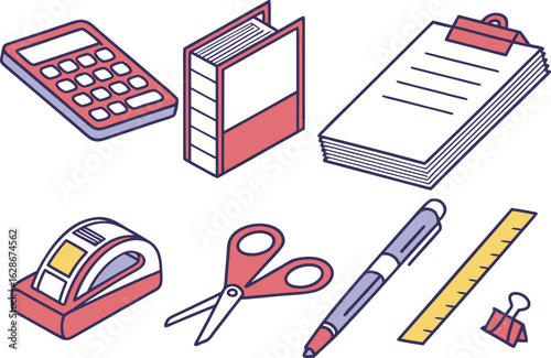 Colorful vector set of school and office stationery icons