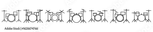 Variety of drum kit configurations represented in simple line drawing art