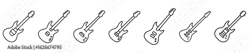 Outline drawing showcasing a series of electric guitars in a row
