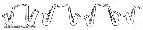 Outlined Cartoon Saxophone Collection, Illustration of Musical Instruments in a Row