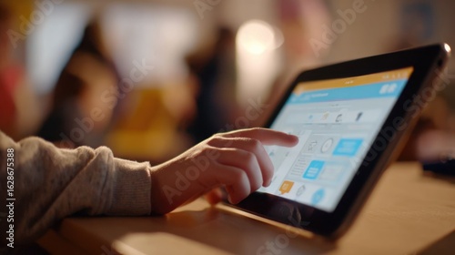 Medium shot of a childs hand reaching towards a tablet showing an interactive parenting portal with milestone tracking with the rest of the scene gently out of focus to highlight