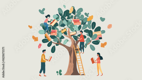 Literary Gathering Around a Book Tree Celebrating the Joy of Reading and Sharing Stories