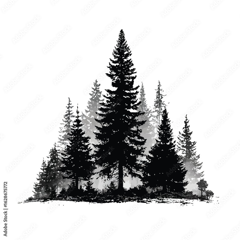 Obraz premium Vector illustration of silhouette of a dense pine forest with tall evergreen trees, isolated on a white background