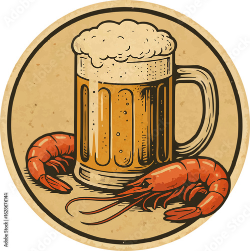 A vintage-style circular illustration featuring a frothy mug of beer and two prawns, set against a beige background.