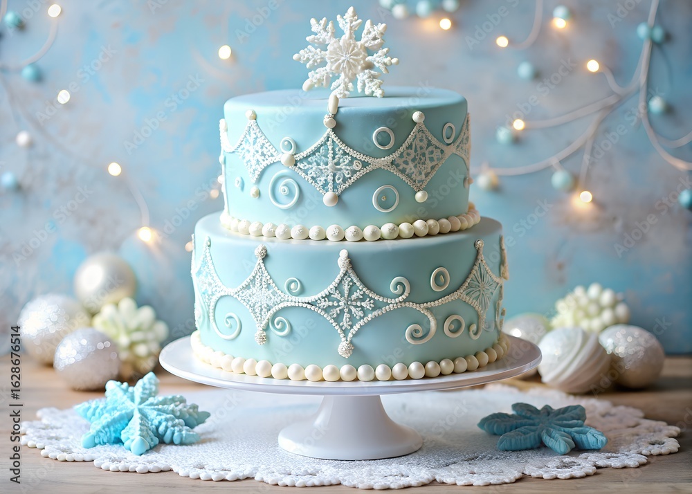 Fototapeta premium Elegant blue winter cake with snowflake decoration