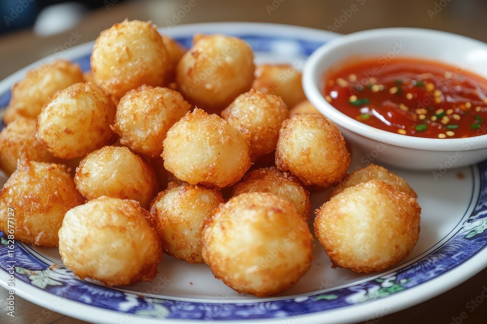 A plate of crispy potato and cheese balls, served with a spicy ketchup A plate of crispy potato and cheese balls, served with a spicy ketchup