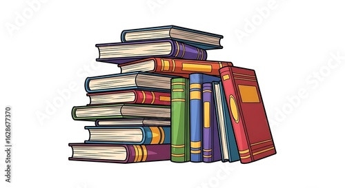 A cartoon illustration of a stack of books with various colors and sizes on a white background