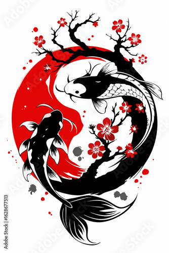 Japanese Ink Painting of Yin Yang Koi Fish and Cherry Blossoms