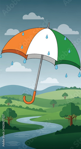 A tricolor umbrella, orange, white, and green, protects a landscape with a river from falling raindrops.