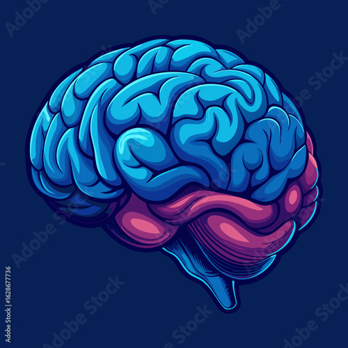 Stylized illustration of a human brain with vibrant blue and pink colors against a dark background