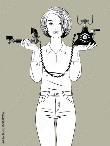 A young blonde woman standing with a vintage phone in her hands. Vector illustration in retro black and white engraving and linear style