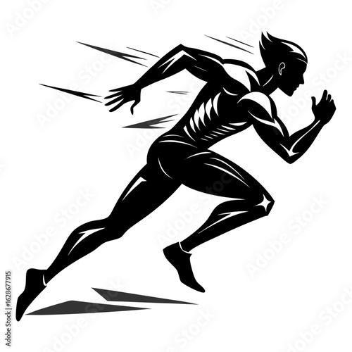 Dynamic black silhouette of a muscular man sprinting forward with speed lines