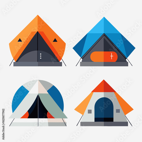 Collection of four modern geometric style camping tents in vibrant colors