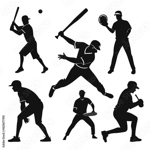 Collection of black silhouettes of baseball players in various action poses on white background