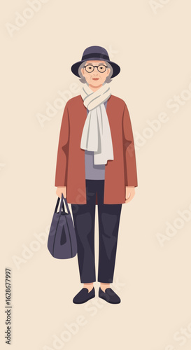 Full-length portrait of a stylish elderly woman in a fashionable autumn outfit. Vector illustration of a modern senior citizen.