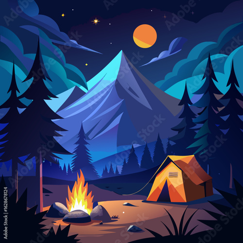 Cozy campsite with a warm campfire and tent under a starry night sky with mountains