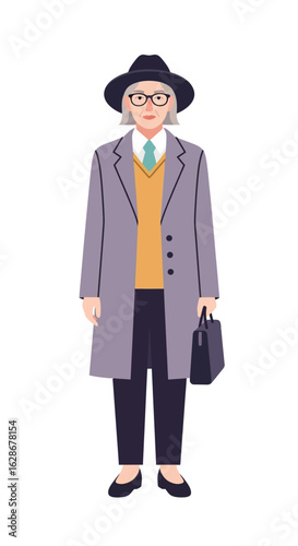 Stylish senior woman in an elegant overcoat and fedora hat, holding a briefcase. Full-body character illustration.
