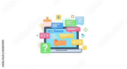 Illustration of a laptop screen with code snippets and speech bubbles on a white background
