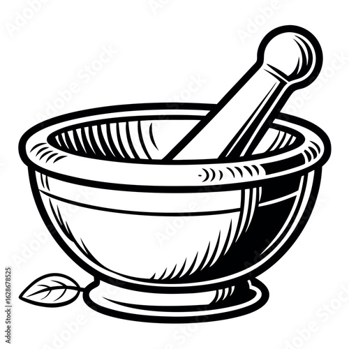 Art of mortar and pestle with a leaf, isolated on white background