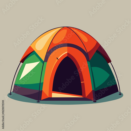Colorful dome tent with open entrance on a neutral background