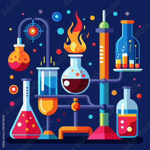 Colorful laboratory equipment with flasks and beakers on a dark blue background