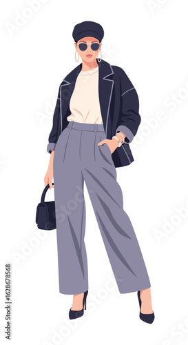 Confident stylish woman in modern street fashion. Vector illustration of a female model in trendy trousers and jacket.