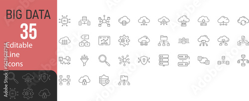 Collection Of Modern Editable Thin Stroke Line Style Big Data Icons Set Technology Related Data Center, Database, Hosting And More On An Isolated Background