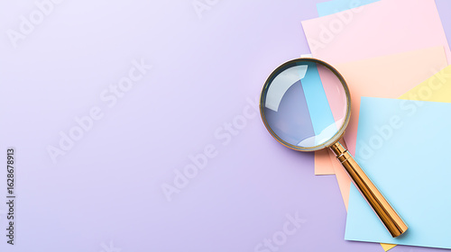 Magnifying glass lying on stack of pastel paper on lilac background, creating soft and clean look. Great for design, creativity or research contexts.