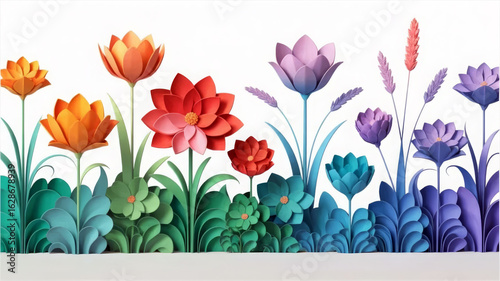 Colorful Paper Flowers on White Background with Vibrant Hues and Artistic Design Showcase of Floral Art