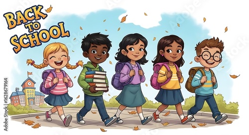 Cartoon illustration of diverse students walking to school with back to school text above them