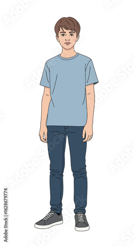 Casual young man standing full-length. Detailed anime-style character illustration of a boy isolated on white.