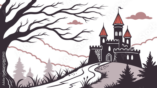 A dark gothic castle with red spires stands majestically atop a hill approached by a winding path under a bare silhouetted tree and cloudy sky