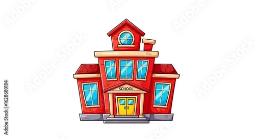 A cartoon drawing of a red school building with yellow doors and blue windows on a white background