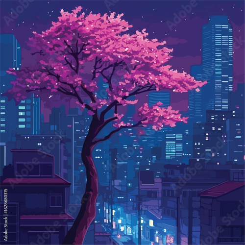 Japanese Night Cityscape with Neon Lights