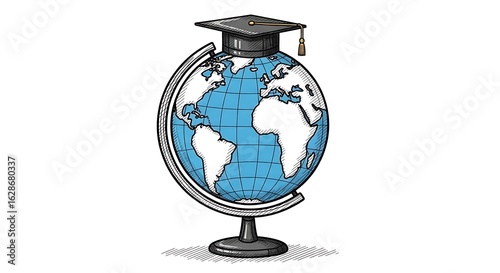 A globe with continents and blue oceans wearing a graduation cap on a white background surface