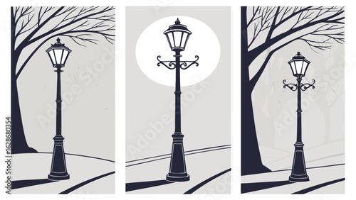 Three vintage street lamps stand tall against a backdrop of bare trees and a muted sky creating a serene timeless urban landscape