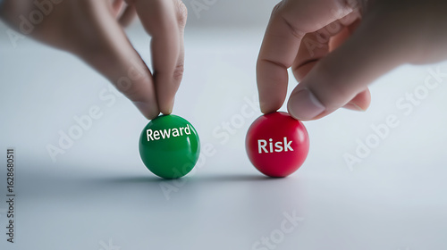 Reward versus Risk: Choices and consequences visualized with green and red spheres. Making informed decisions and assessing trade-offs.