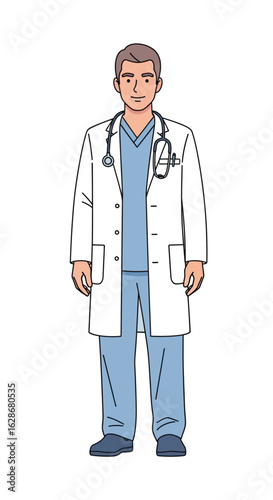 A professional male doctor character in a white lab coat and scrubs, standing with a stethoscope. Full-body medical illustration on a white background.