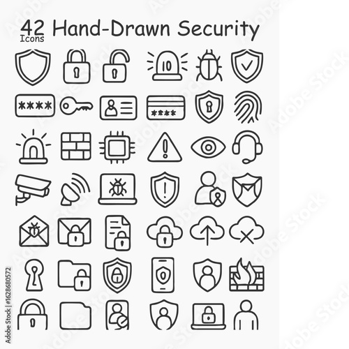 42 Hand-Drawn Security Icons: Cybersecurity, Data Protection  Privacy Symbols