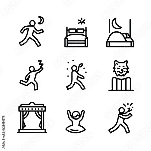 Sleeplessness and Bedtime Activities Icon Set Representing Sleep Problems and Nighttime Routines in Outline Style