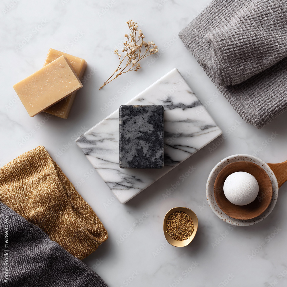 Fototapeta premium Minimalist spa still life on marble. Organic soaps, bath bomb, towel, and natural elements create a zen ambiance. Ideal for wellness, selfcare visuals.