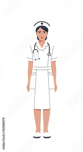 Illustration of a female nurse in a traditional white uniform and stethoscope, representing healthcare professionals and medical service.