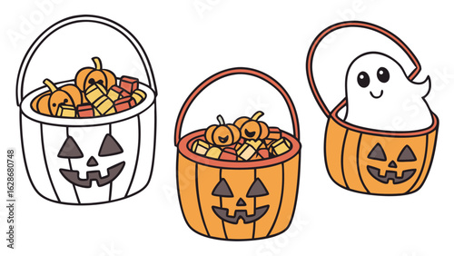 Three adorable cartoon halloween buckets filled with candy and pumpkins one featuring a cute ghost peeking out